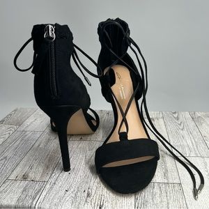 Daya by Zendaya Lace Up Gladiator Sandal Stiletto Zip Up Black Faux Suede 8.5